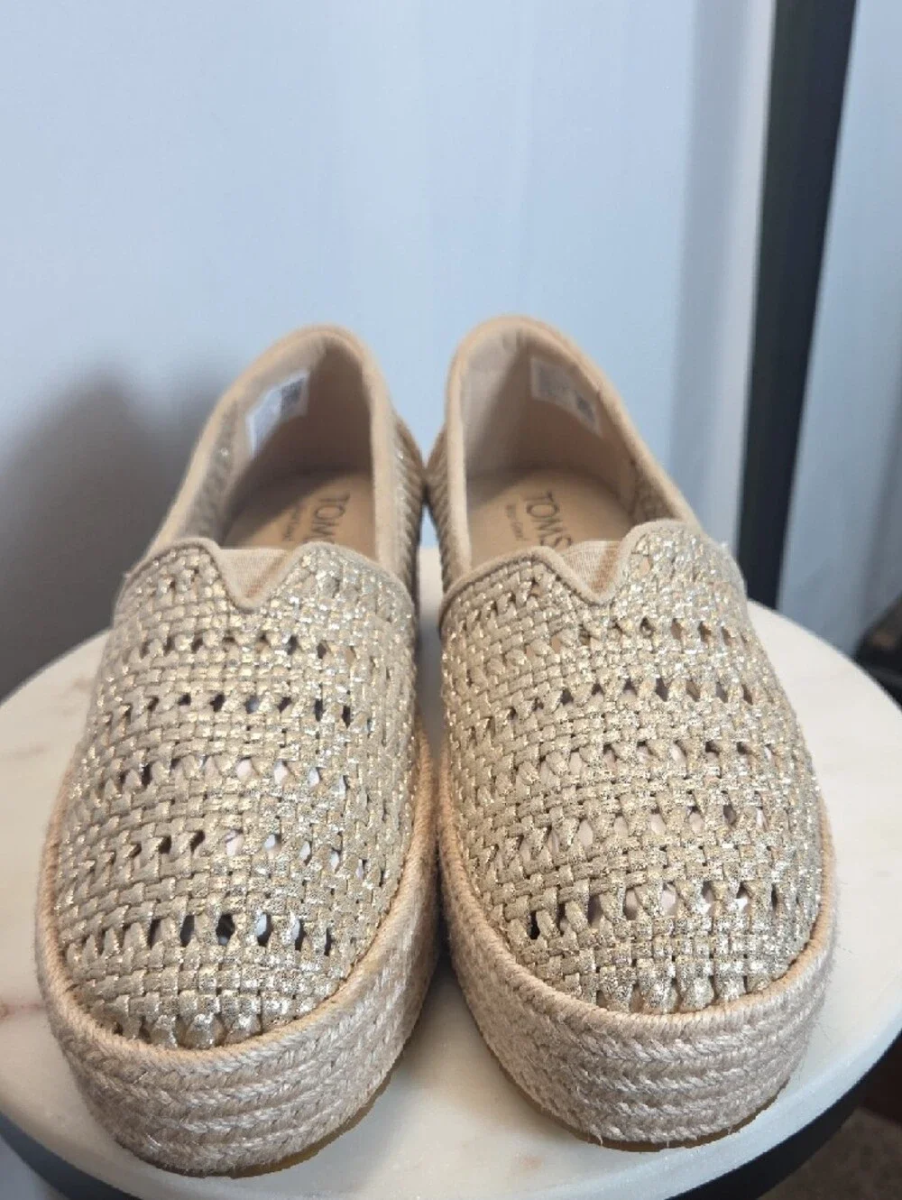 Toms Beige Woven Metallic-Accented Espadrille Slip-Ons Size 9.5